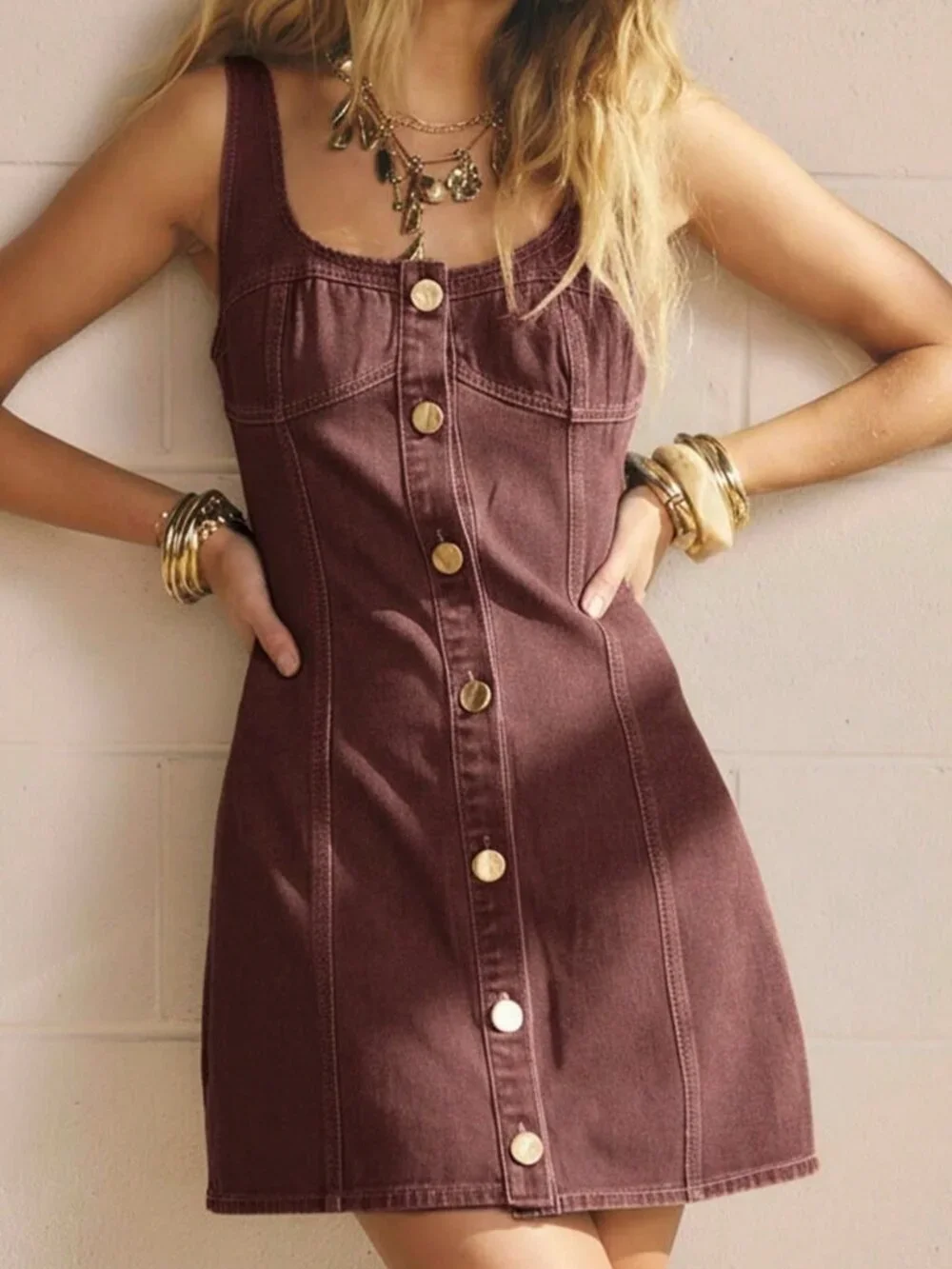 Burgundy Casual Women's Button Front Bodycon Square Neck Denim MiniDress - Picture 3 of 9